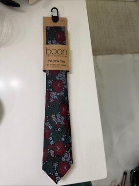 Boon Floral Youth Tie in Dark Green with Red Bloom Accents